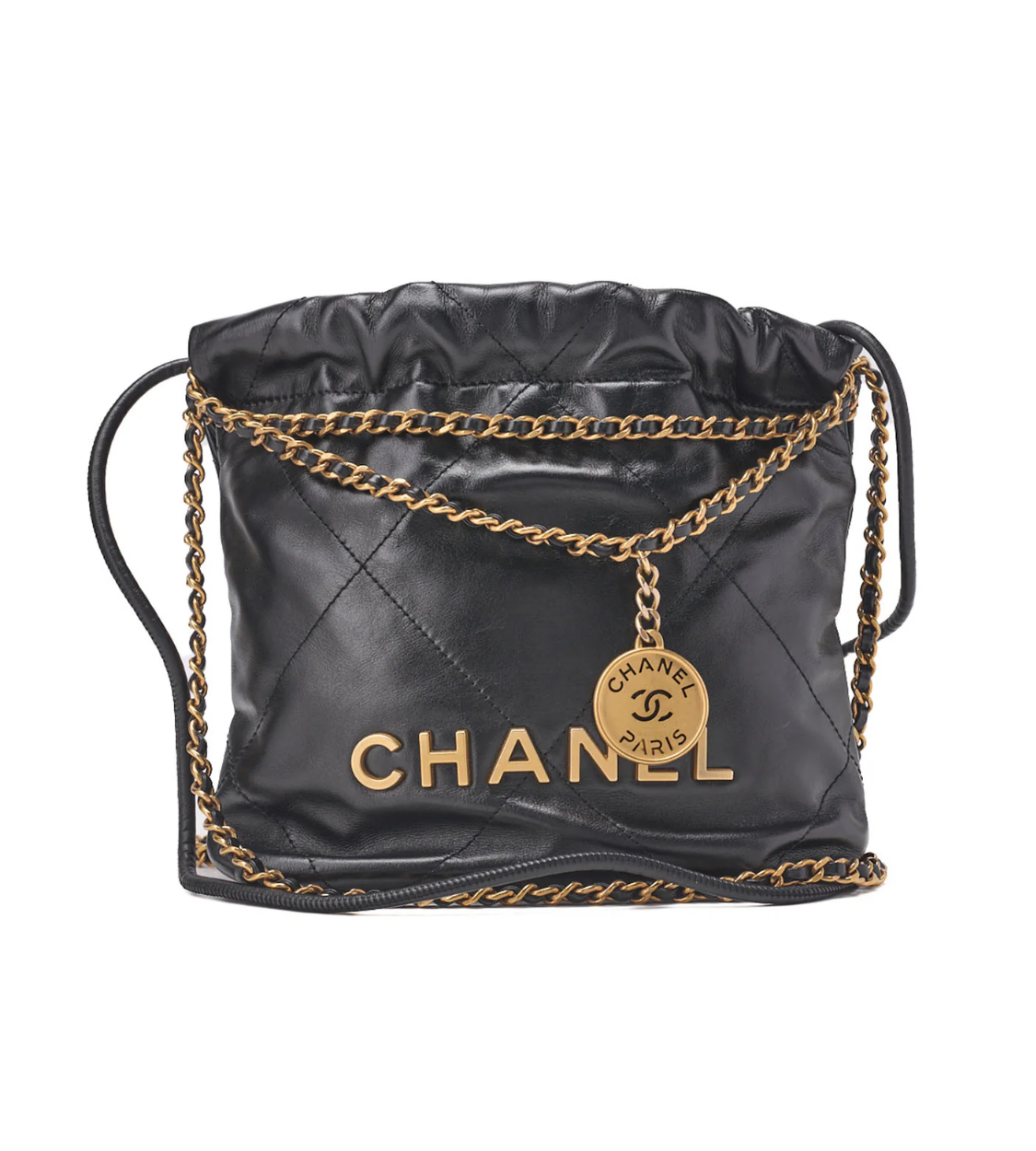 CHANEL 22 Mini Calfskin Black Drawstring Chain Shoulder Bag