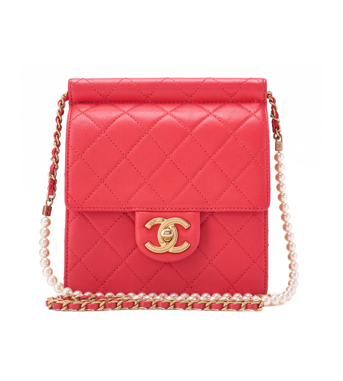 CHANEL Chain Shoulder Matelassé Pearl Chain Wallet Red Lambskin