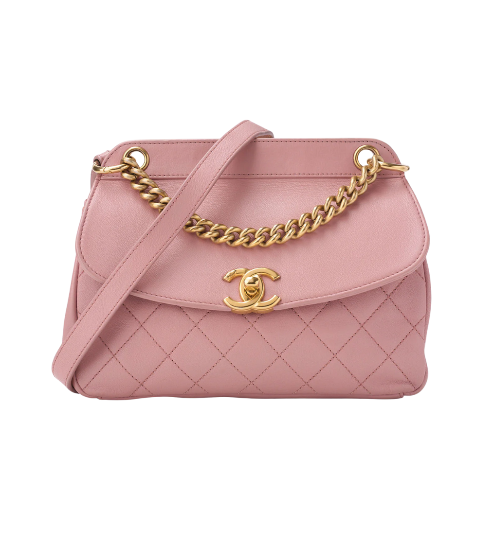 CHANEL Matelasse Pink Lambskin Leather Curved Flap Bag