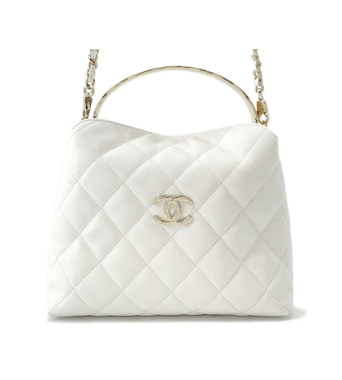 CHANEL Metal Top Handle Bag White Caviar Leather
