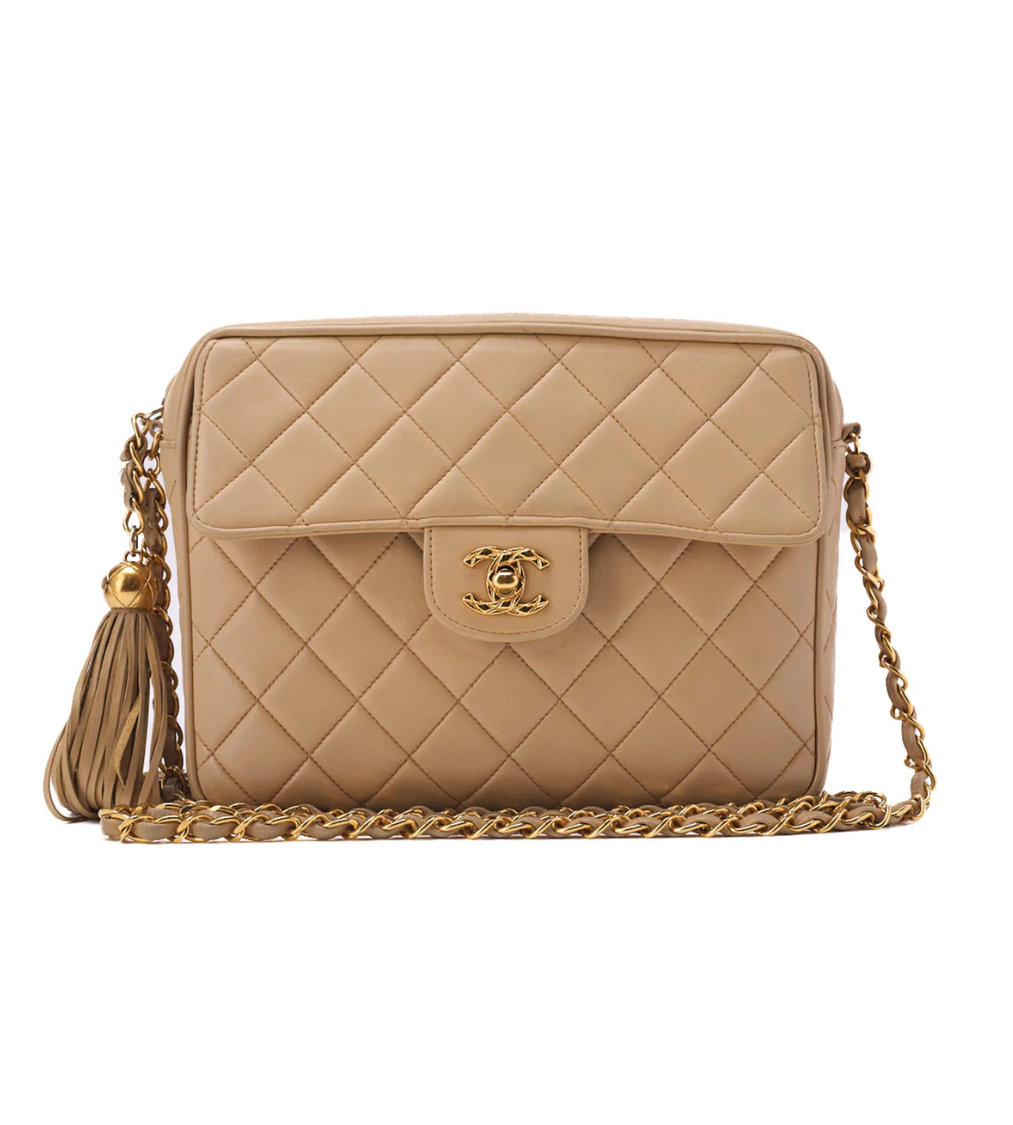 CHANEL Matelassé Outside Flap Fringe Beige Lambskin