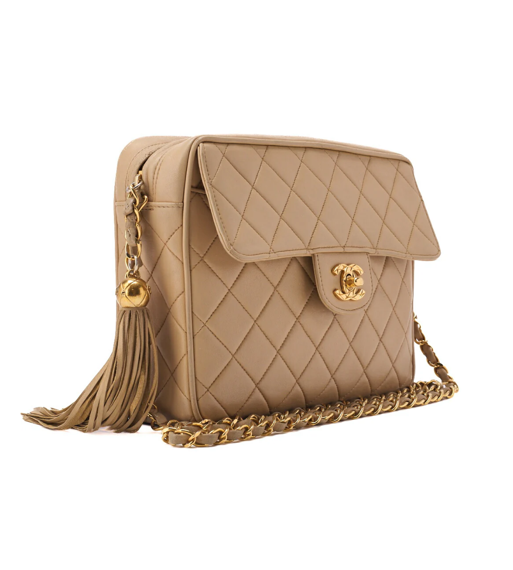 CHANEL Matelassé Outside Flap Fringe Beige Lambskin