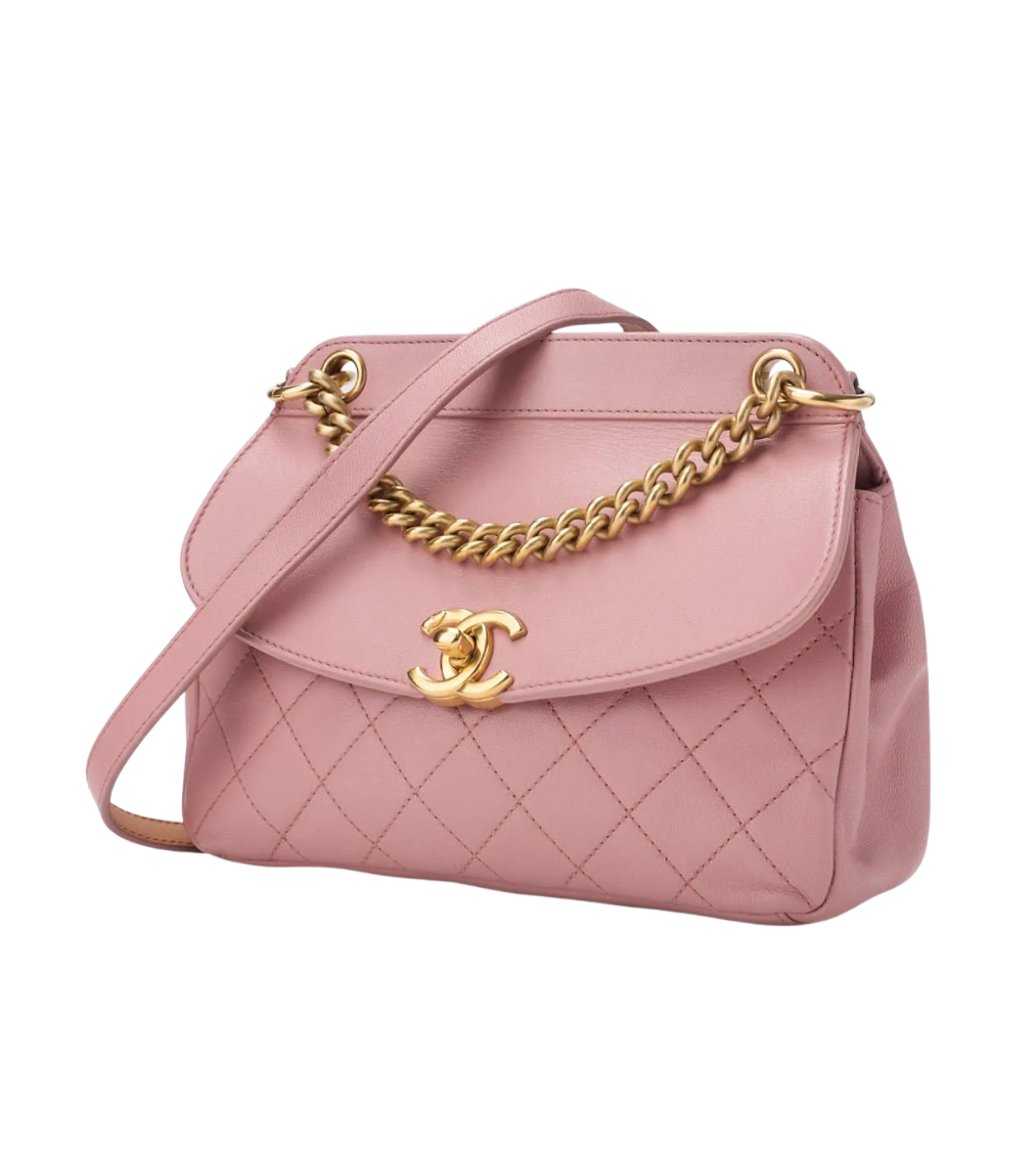 CHANEL Matelasse Pink Lambskin Leather Curved Flap Bag