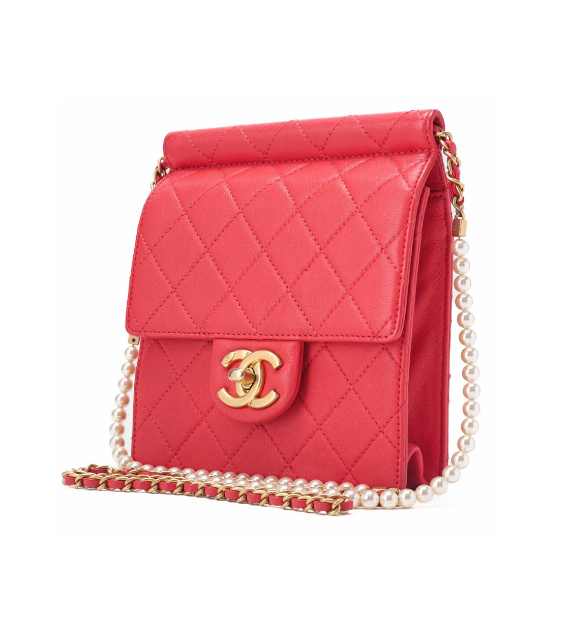 CHANEL Chain Shoulder Matelassé Pearl Chain Wallet Red Lambskin