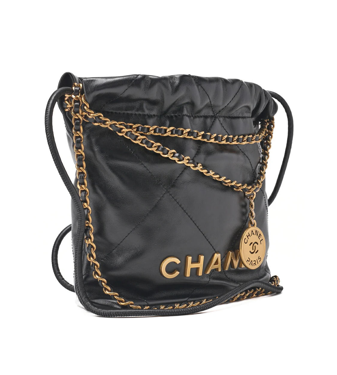 CHANEL 22 Mini Calfskin Black Drawstring Chain Shoulder Bag