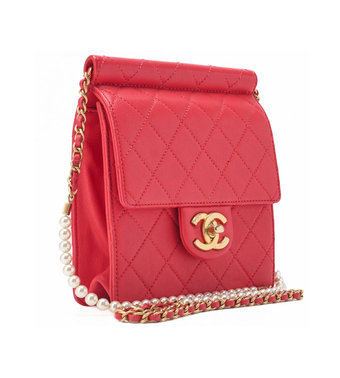 CHANEL Chain Shoulder Matelassé Pearl Chain Wallet Red Lambskin