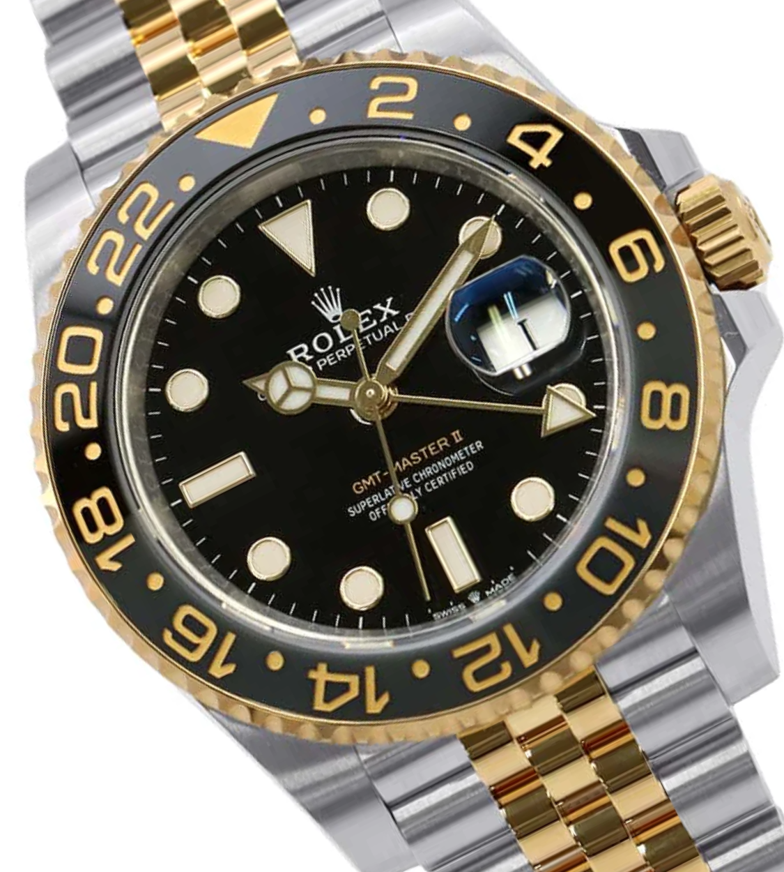 ROLEX GMT MasterII 40mm Stainless Steel 18k Yellow Gold Black Dial