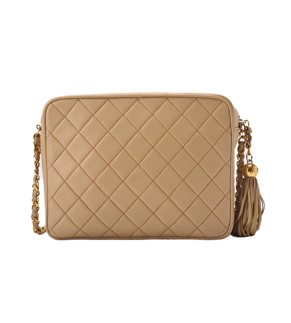 CHANEL Matelassé Outside Flap Fringe Beige Lambskin