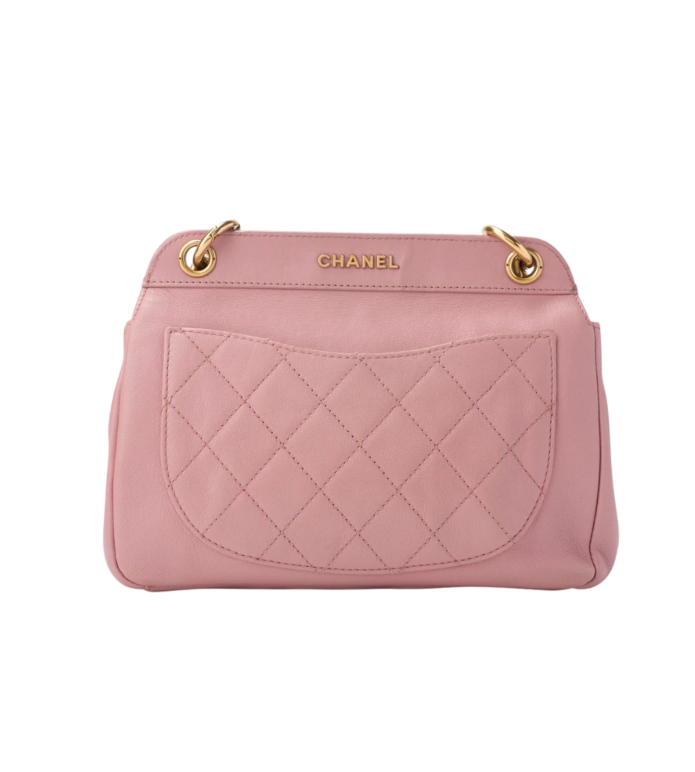 CHANEL Matelasse Pink Lambskin Leather Curved Flap Bag