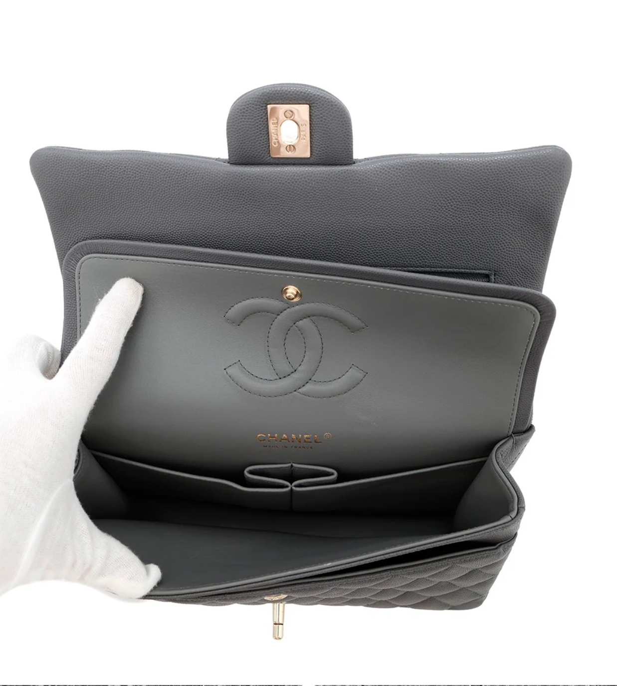 CHANEL 25 Matelasse Double Flap Gray Caviar Leather