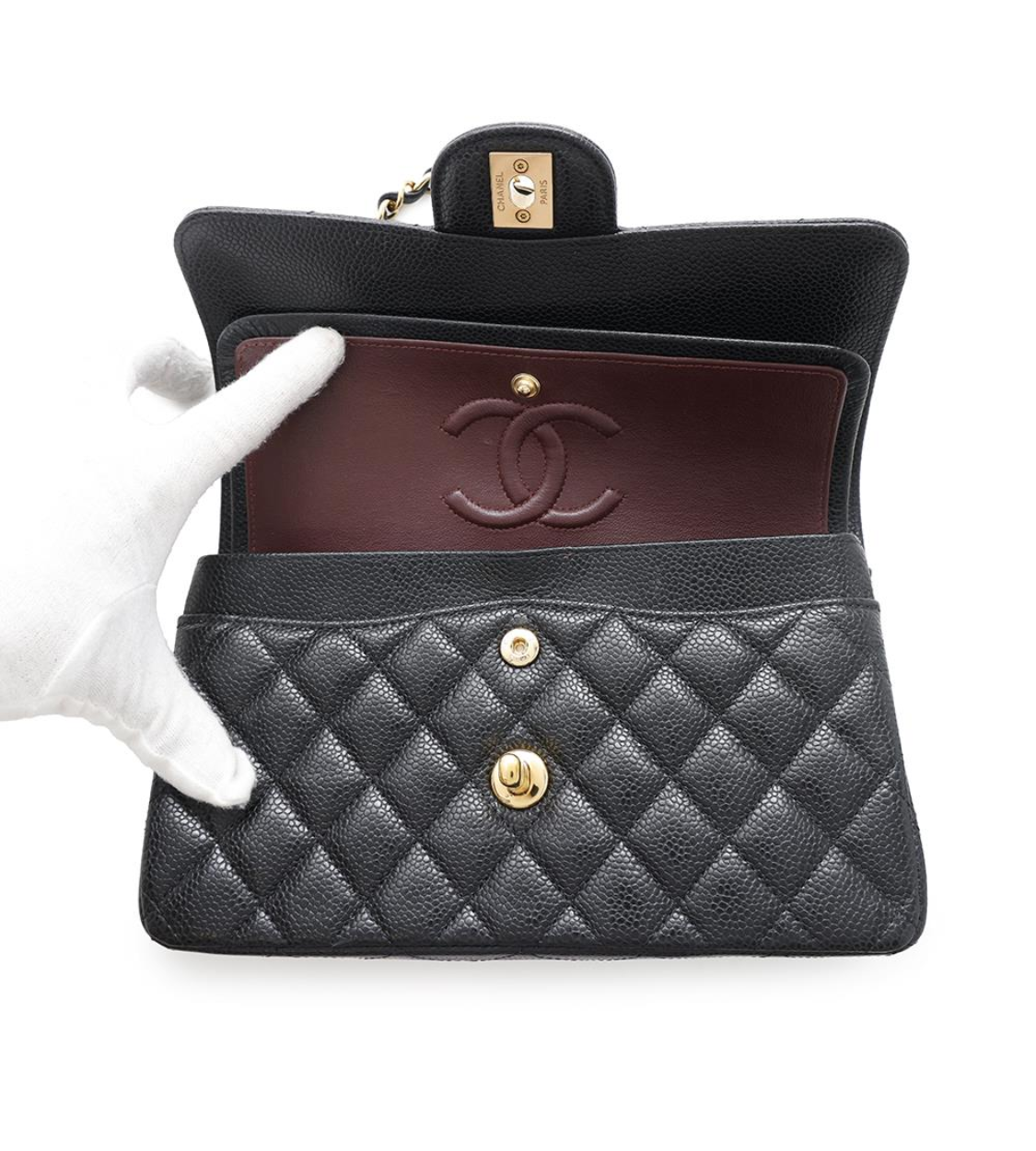 CHANEL 23 Matelasse Double Flap Black Caviar Chain Shoulder Bag
