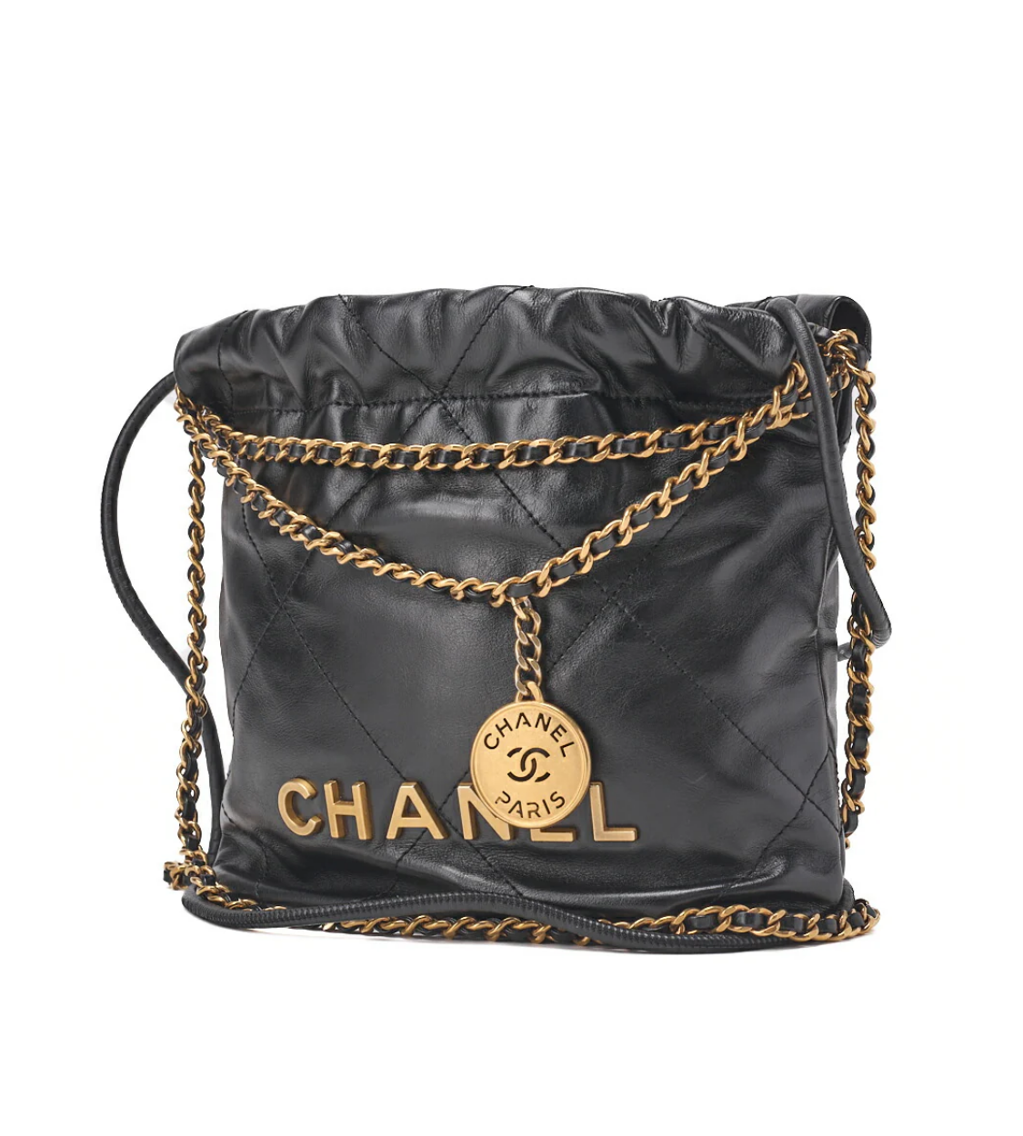 CHANEL 22 Mini Calfskin Black Drawstring Chain Shoulder Bag