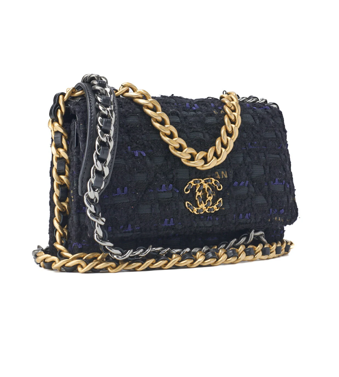 CHANEL 19 Matelasse Tweed Black Shoulder Chain Bag